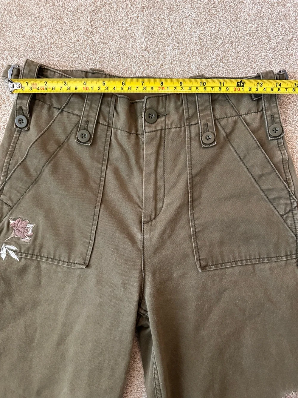 Free People Keep It Real Military Pant Olive Embroidered Floral Cropped Wide Leg